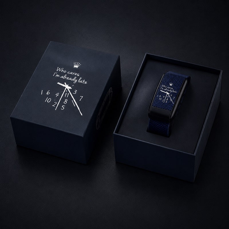 Le bracelet marine dans son écrin, couvercle imprimé « Who cares, I'm already late ».